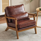 Poltrona d'accento rivestita in misto lino con gambe in legno e un cuscino, beige