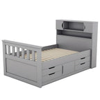 Letto a piattaforma Twin/Full Size Captain con 4 cassetti e mensole portaoggetti, struttura letto in legno massello con testiera libreria contenitore