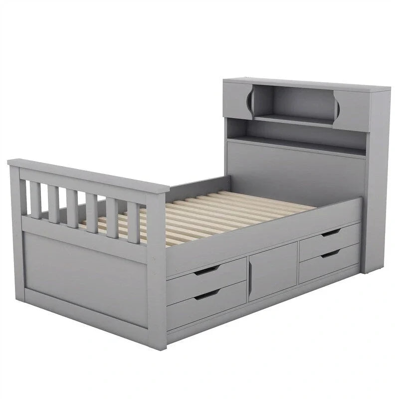 Letto a piattaforma Twin/Full Size Captain con 4 cassetti e mensole portaoggetti, struttura letto in legno massello con testiera libreria contenitore