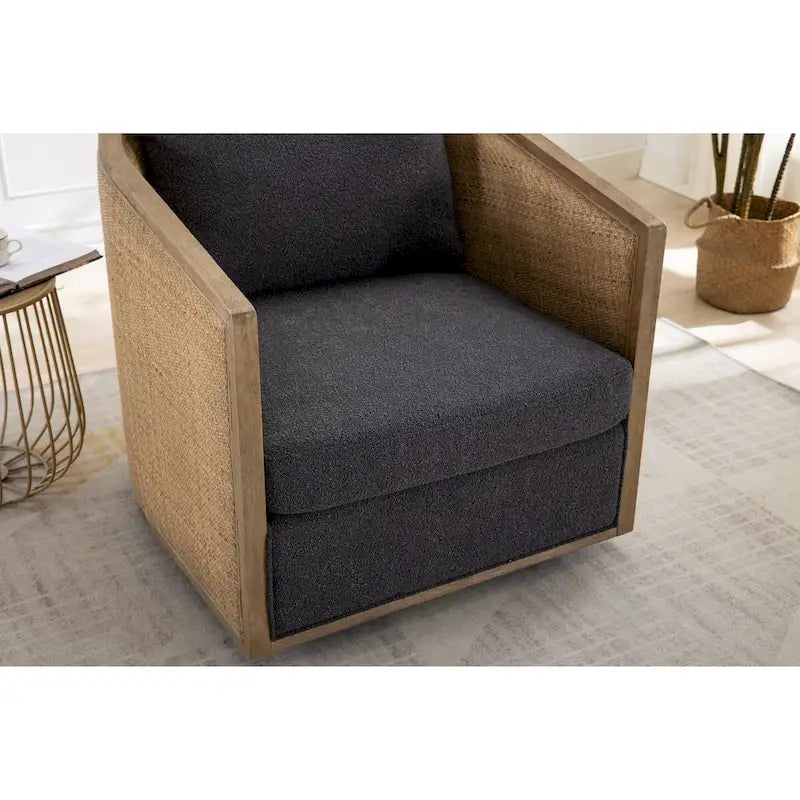 Poltrona a botte girevole, comoda poltrona rotonda d'accento, poltrona club a botte girevole a 360 gradi, poltrona relax con struttura in rattan intrecciato