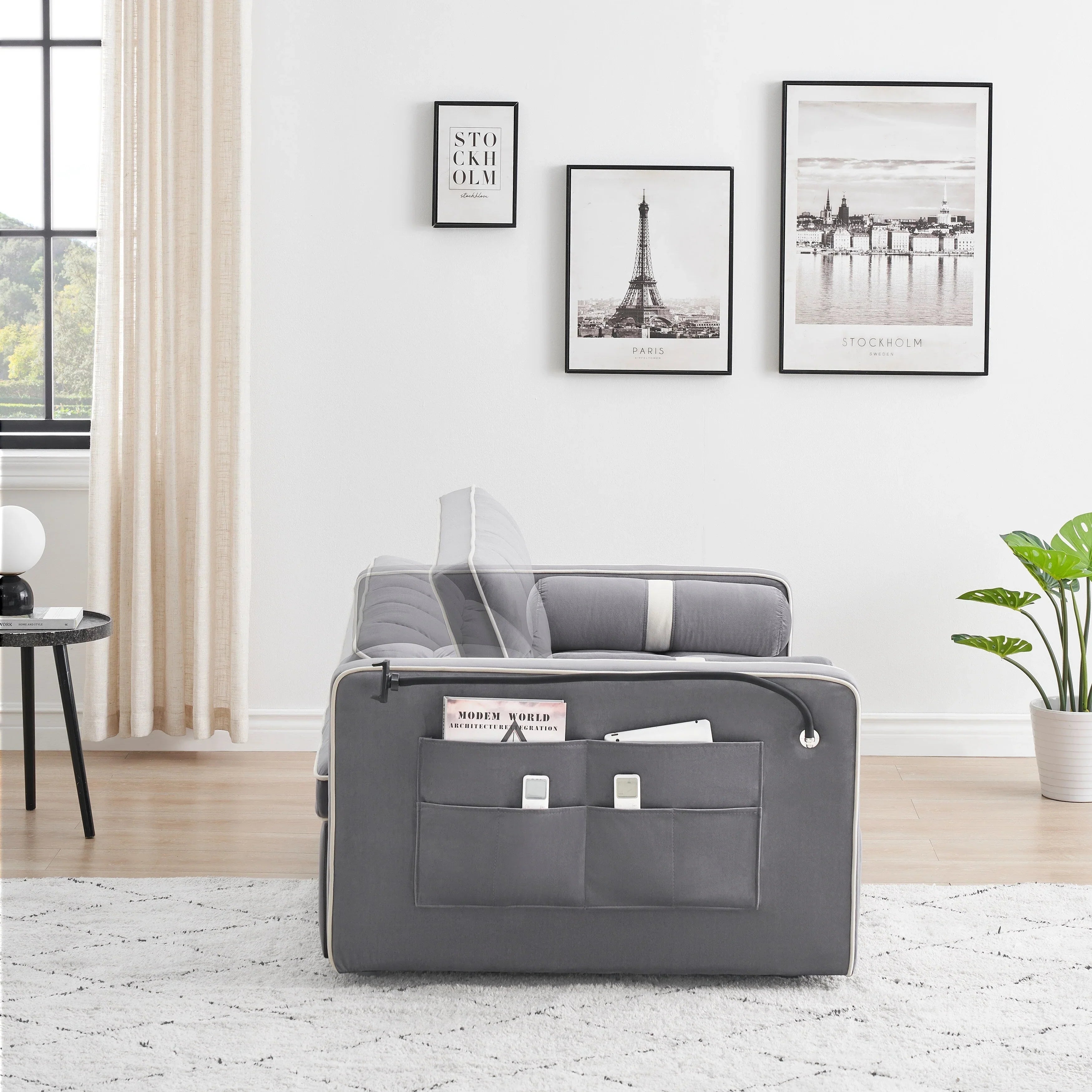 Divano letto trasformabile a 2 posti in velluto da 140 cm con letto estraibile, reclinabile, tasche laterali e supporto per telefono