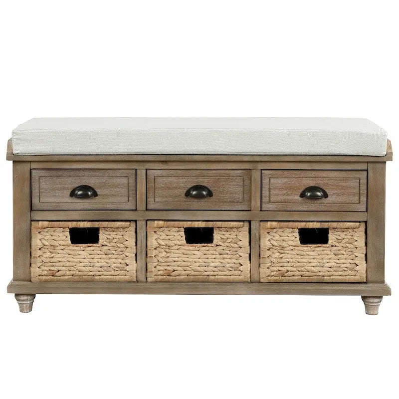 Panca rustica contenitore con 3 cassetti e 3 cesti in rattan, panca portascarpe per soggiorno, ingresso