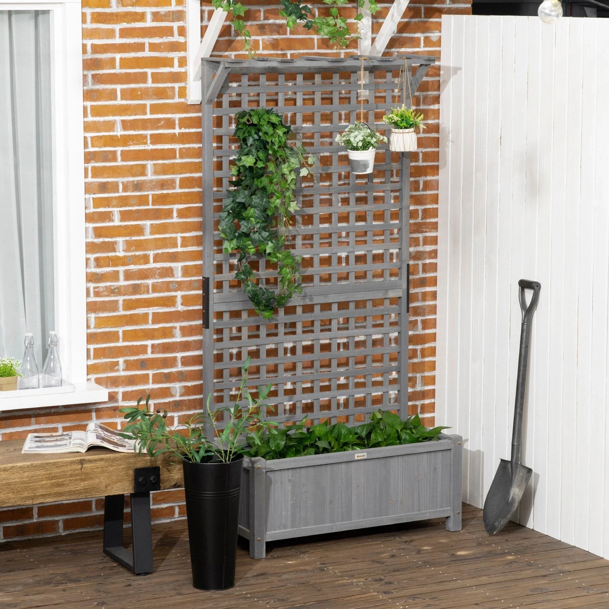Fioriera in Legno con Spalliera, Letto da Giardino Rialzato per Piante Rampicanti con Fori di Drenaggio e Tetto