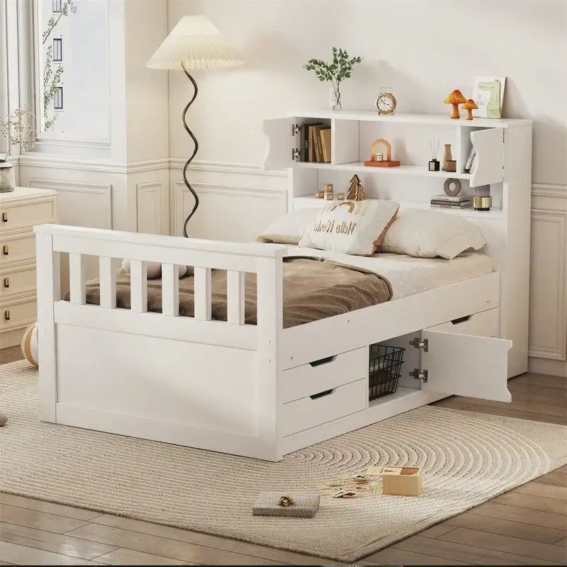 Letto a piattaforma Twin/Full Size Captain con 4 cassetti e mensole portaoggetti, struttura letto in legno massello con testiera libreria contenitore