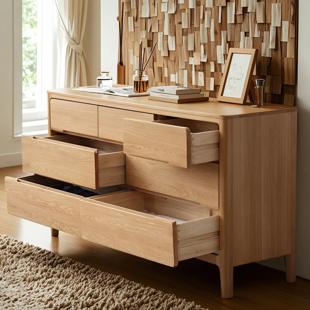 Comò doppio tradizionale in legno di rovere naturale per camera da letto