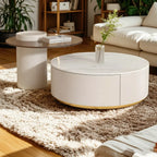 Tavolino da Caffè Rotondo Moderno Bianco in Legno con Cassetto a Tamburo