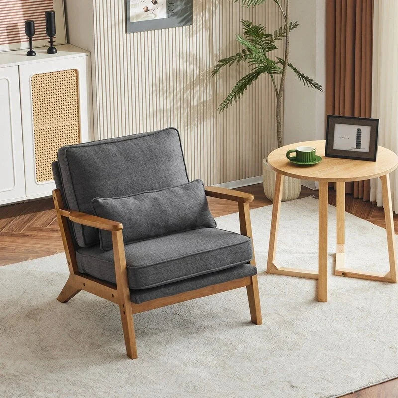 Poltrona d'accento rivestita in misto lino con gambe in legno e un cuscino, beige