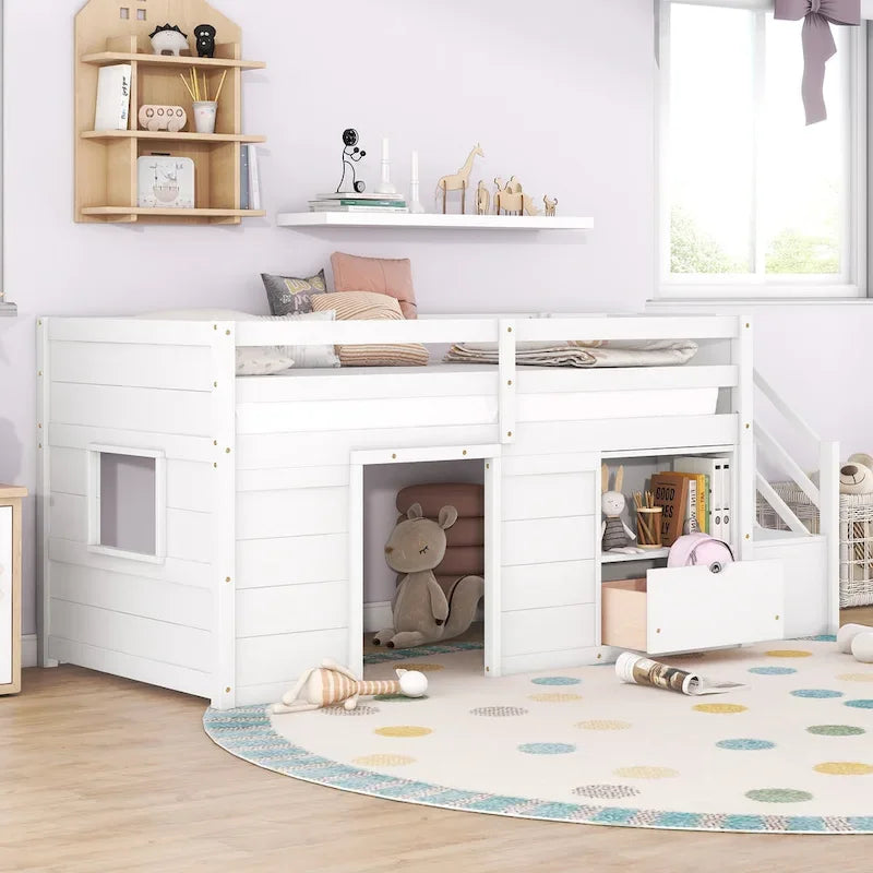 LETTO SINGOLO, LETTO A CASTELLO BASSO SINGOLO IN LEGNO MASSELLO CON SCALA, CASSETTO E SCAFFALE DI COLORE GRIGIO