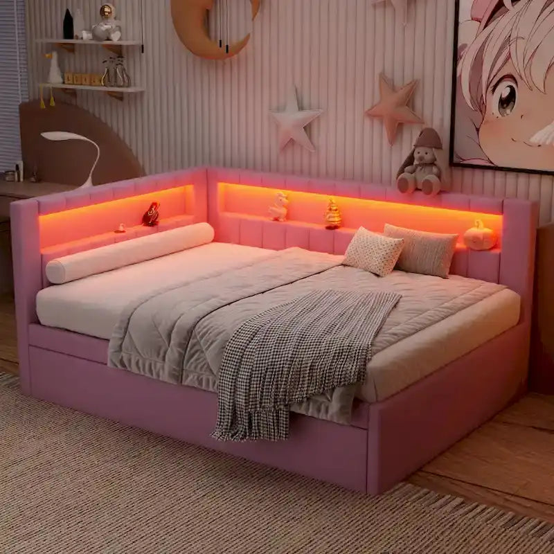 Letto imbottito a piattaforma con porte USB e illuminazione a LED - Struttura letto matrimoniale/singola con 2 cassetti portaoggetti - Camera da letto moderna