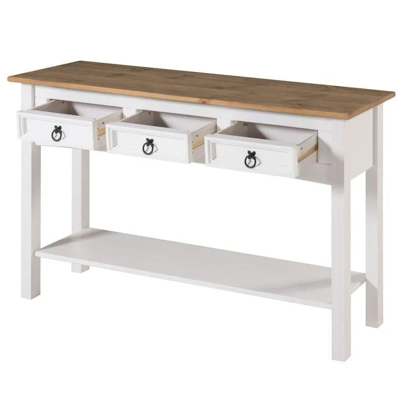 Tavolo Consolle Rustico in Pino Massiccio per Ingresso, Bianco Decapato / Marrone Antico / Grigio Decapato / Non Verniciato, 3 Cassetti