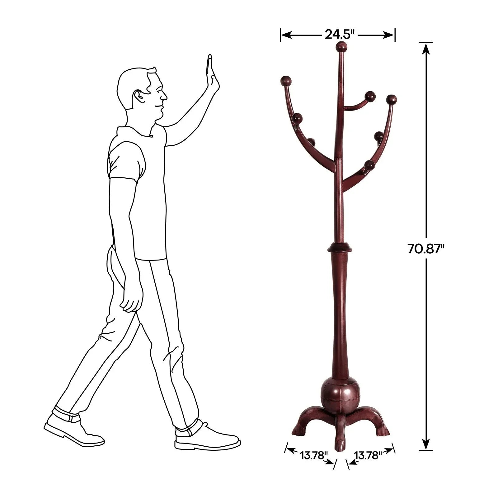Appendiabiti da terra "ramo d'albero" in legno di gomma con 8 ganci - 24,5L x 70,87H