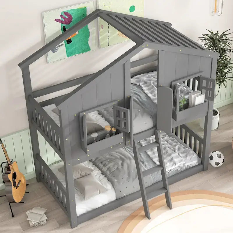 Letto a castello a casetta singolo su singolo con tetto, finestra, fioriera, porta, con sponde di sicurezza e scaletta, Grigio