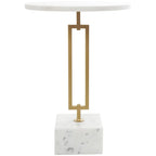 Marble Geometric Side End Accent Table with Gold Metal Rectangular Stand - White
