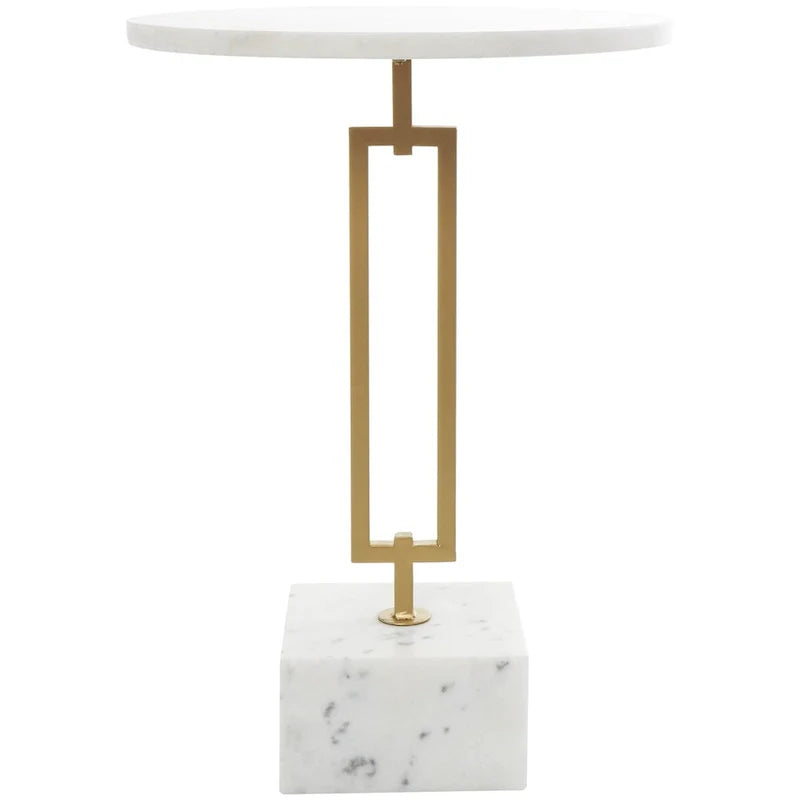 Marble Geometric Side End Accent Table with Gold Metal Rectangular Stand - White