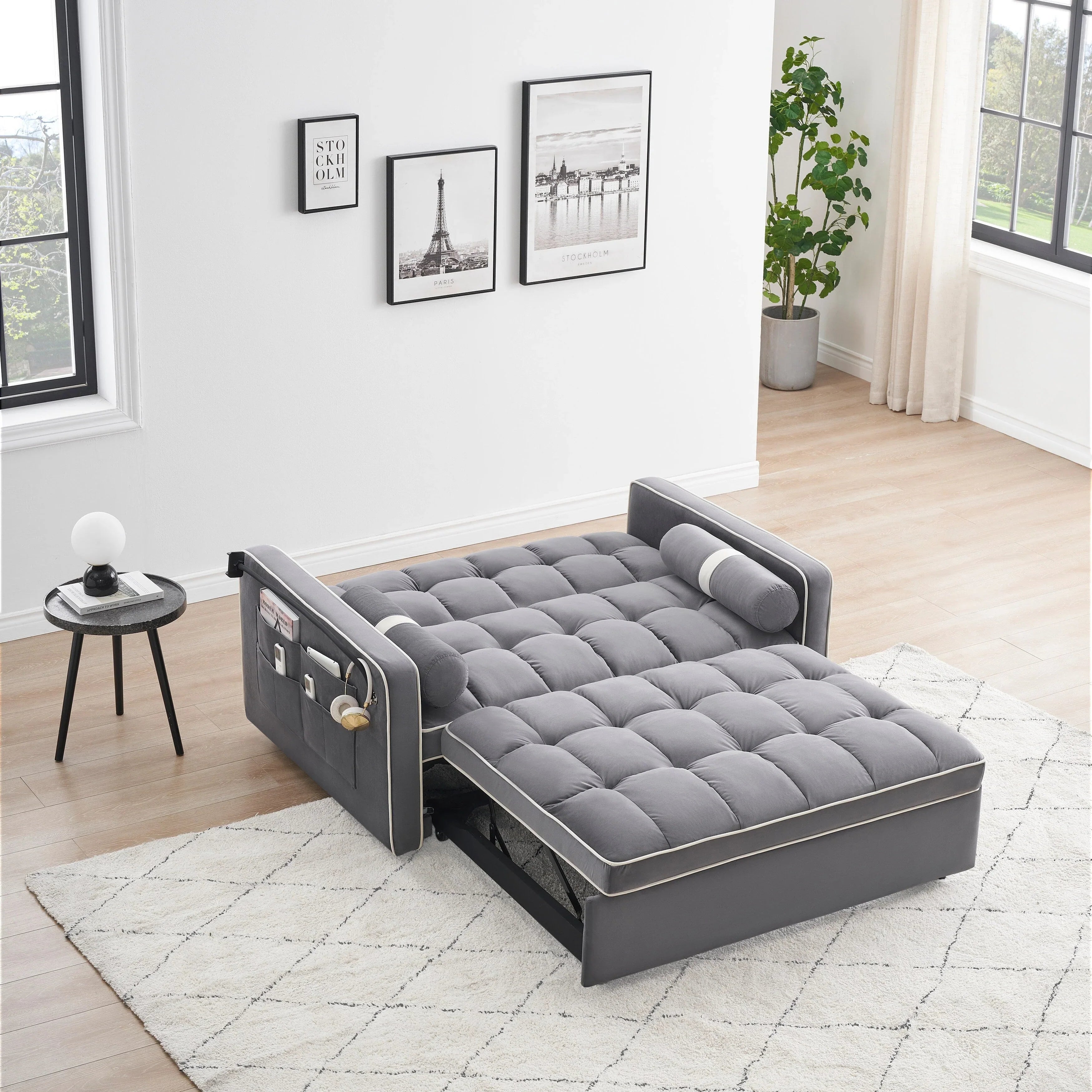 Divano letto trasformabile a 2 posti in velluto da 140 cm con letto estraibile, reclinabile, tasche laterali e supporto per telefono