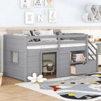 LETTO SINGOLO, LETTO A CASTELLO BASSO SINGOLO IN LEGNO MASSELLO CON SCALA, CASSETTO E SCAFFALE DI COLORE GRIGIO