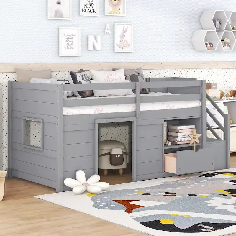 LETTO SINGOLO, LETTO A CASTELLO BASSO SINGOLO IN LEGNO MASSELLO CON SCALA, CASSETTO E SCAFFALE DI COLORE GRIGIO