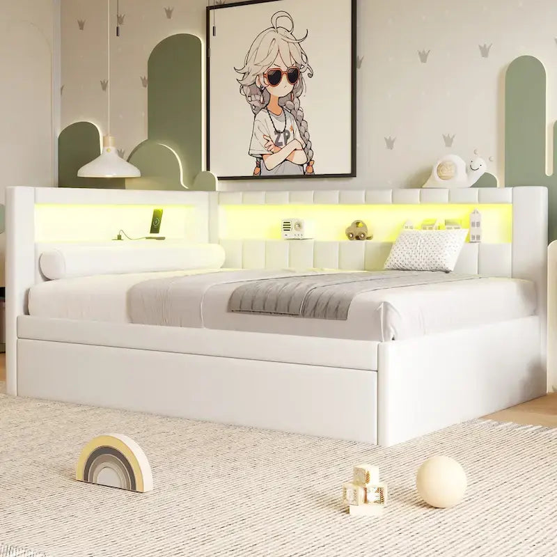 Letto imbottito a piattaforma con porte USB e illuminazione a LED - Struttura letto matrimoniale/singola con 2 cassetti portaoggetti - Camera da letto moderna