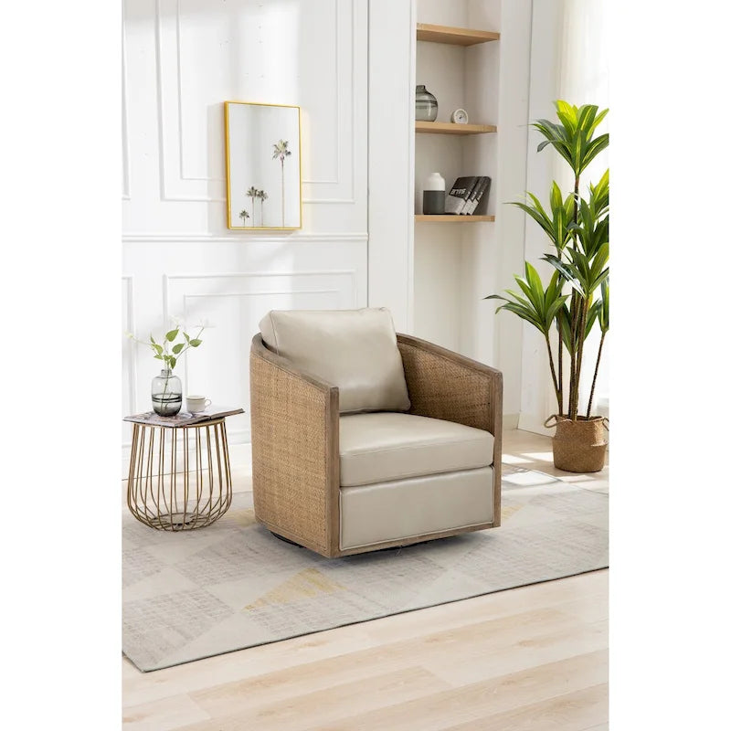 Poltrona a botte girevole, comoda poltrona rotonda d'accento, poltrona club a botte girevole a 360 gradi, poltrona relax con struttura in rattan intrecciato