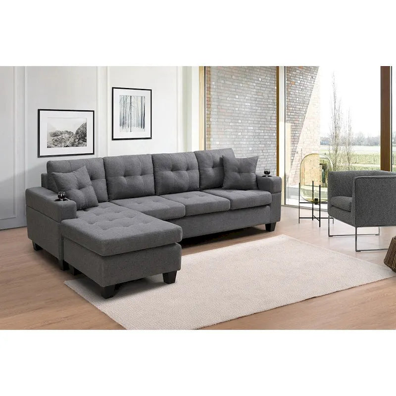 Divano componibile da soggiorno con chaise longue a L e portabicchieri