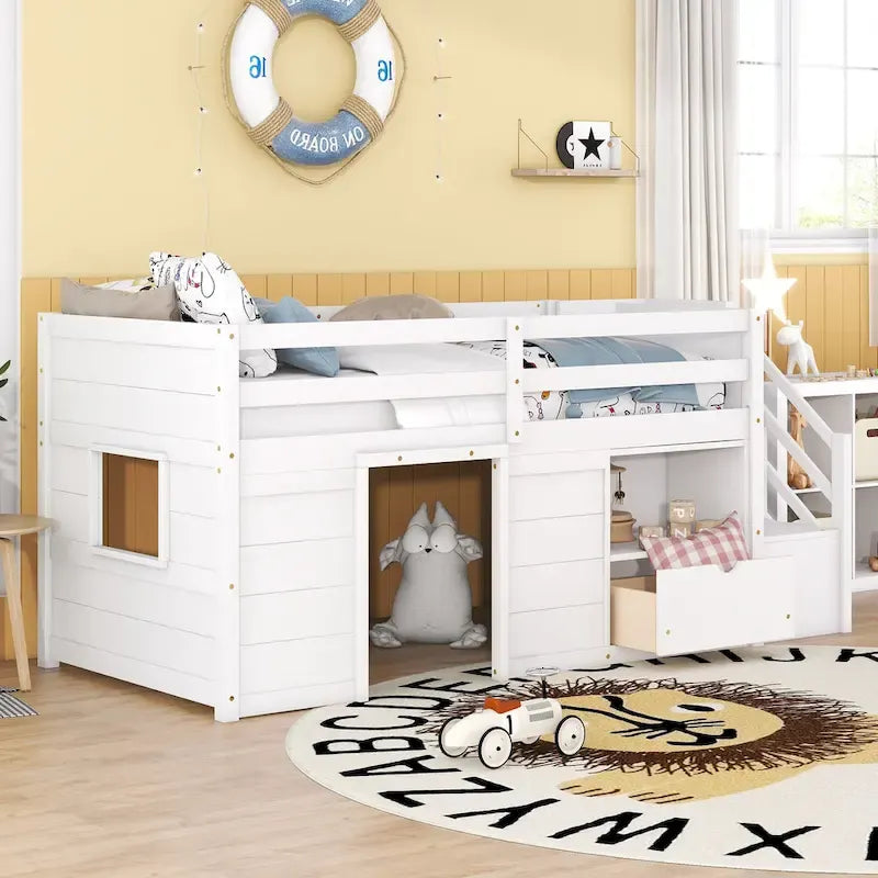 LETTO SINGOLO, LETTO A CASTELLO BASSO SINGOLO IN LEGNO MASSELLO CON SCALA, CASSETTO E SCAFFALE DI COLORE GRIGIO