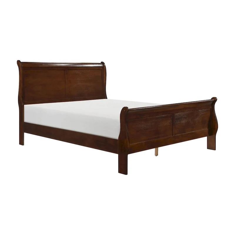 Letto tradizionale Queen a slitta, struttura in legno, finitura in ciliegio marrone intenso