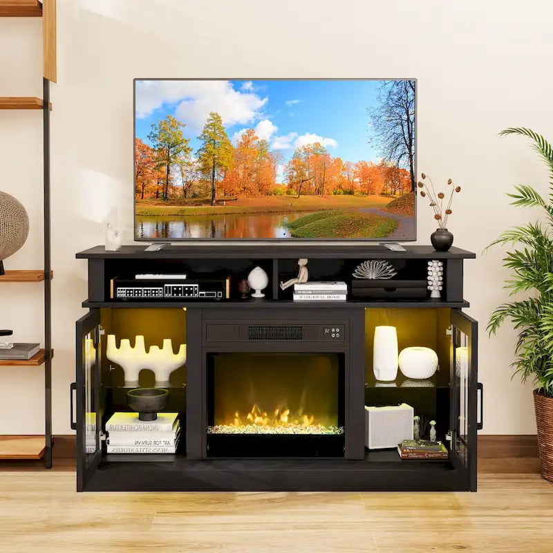 Mobile TV con camino elettrico, luci LED e telecomandi