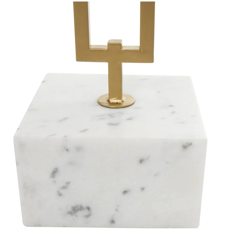Marble Geometric Side End Accent Table with Gold Metal Rectangular Stand - White