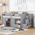 LETTO SINGOLO, LETTO A CASTELLO BASSO SINGOLO IN LEGNO MASSELLO CON SCALA, CASSETTO E SCAFFALE DI COLORE GRIGIO
