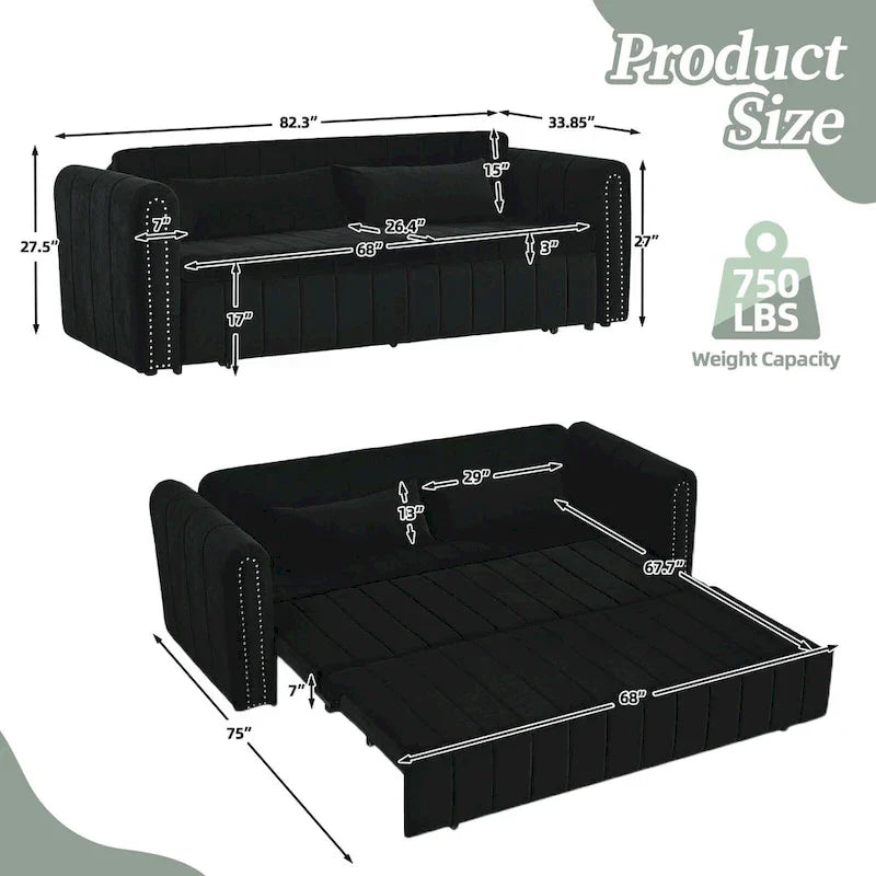 Divano letto moderno convertibile imbottito in velluto con braccioli arrotolati decorati con borchie in rame