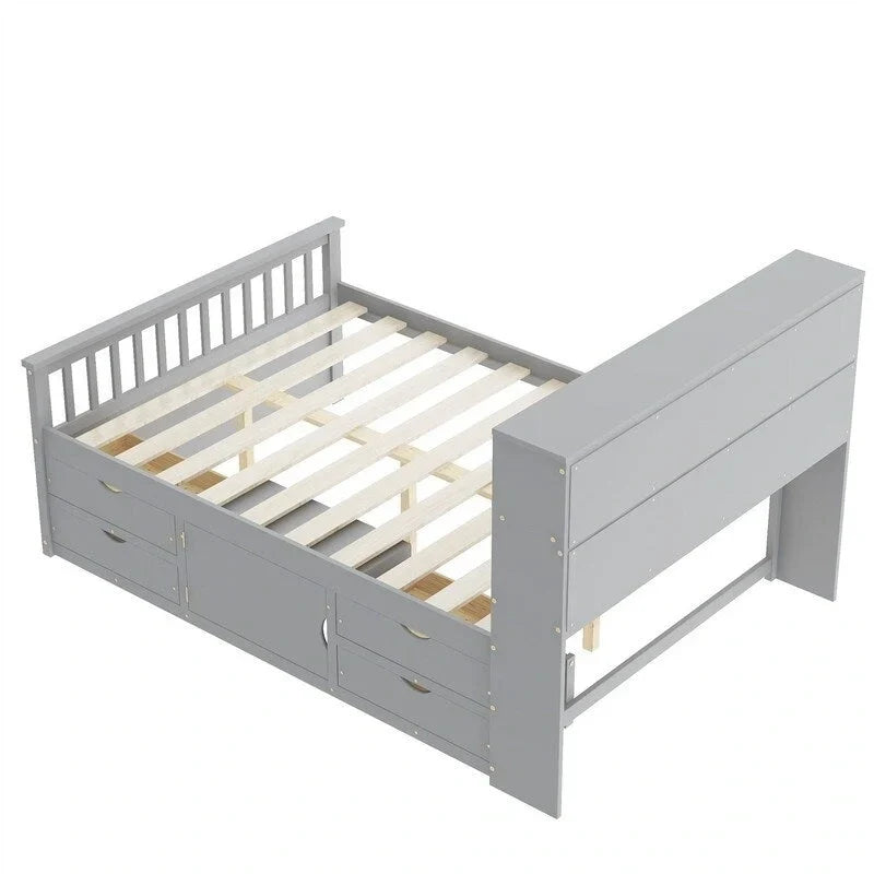 Letto a piattaforma Twin/Full Size Captain con 4 cassetti e mensole portaoggetti, struttura letto in legno massello con testiera libreria contenitore